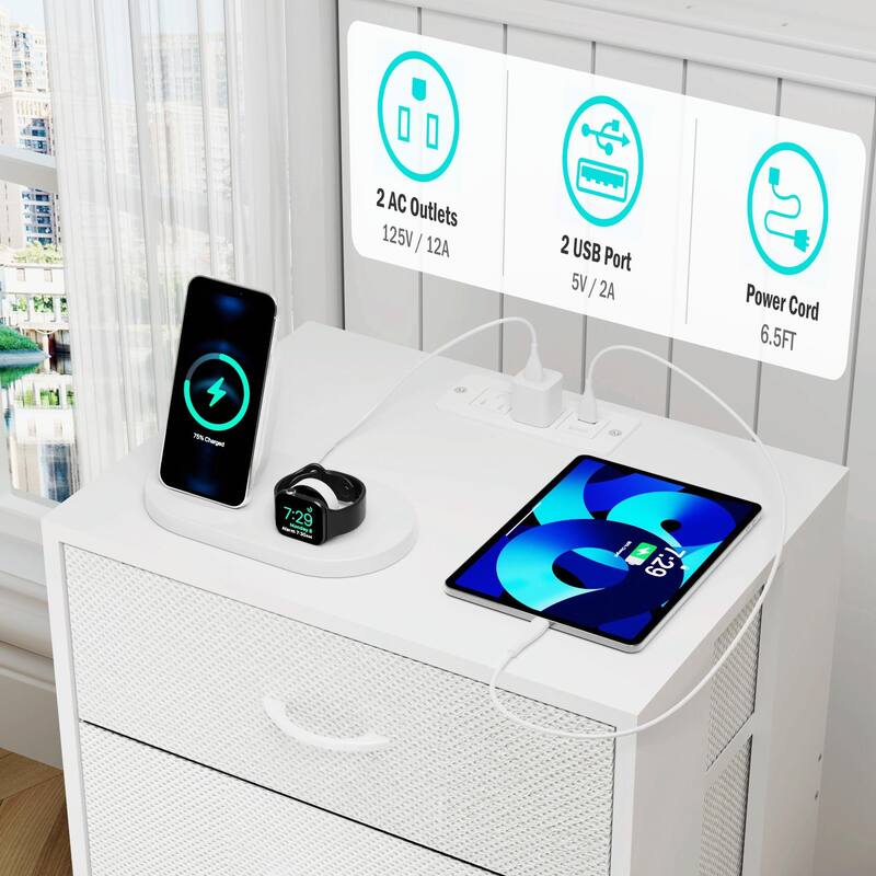 2-Pack LED Nightstands with Charging Station & Fabric Drawers
