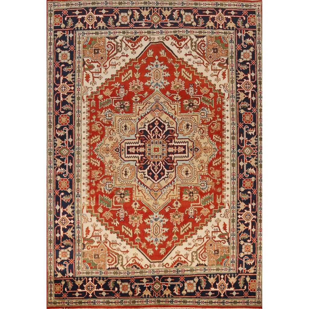 Geometric Heriz Serapi Area Rug Handmade Orange Wool Carpet - 7'11" x 10'0"