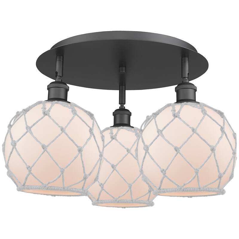 Innovations Lighting 516-3C-12-20 Farmhouse Rope Semi-Flush Farmhouse - Matte Black / White Glass with White Rope