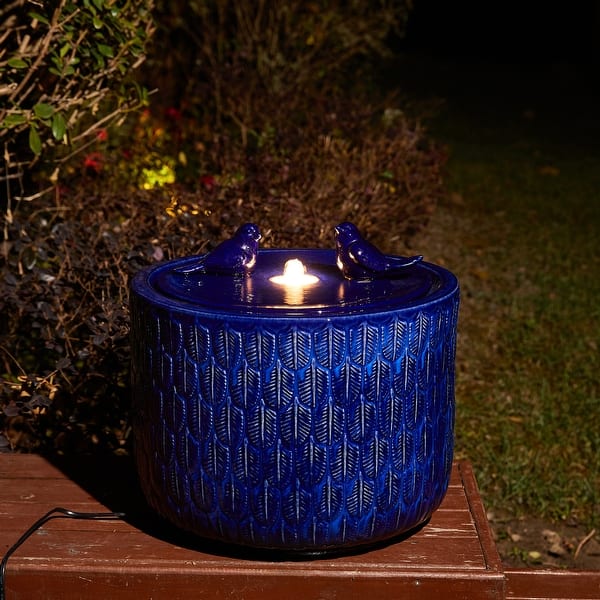 slide 2 of 18, 15"H Turquoise Two Birds Embossed Leaf Pattern Cylindrical LED Ceramic Fountain by Glitzhome