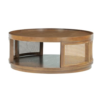 37'' Wooden Mid-Century Modern Coffee Table with PE Rattan Side - 37.1'' D x 37.1" W x 15.2" H