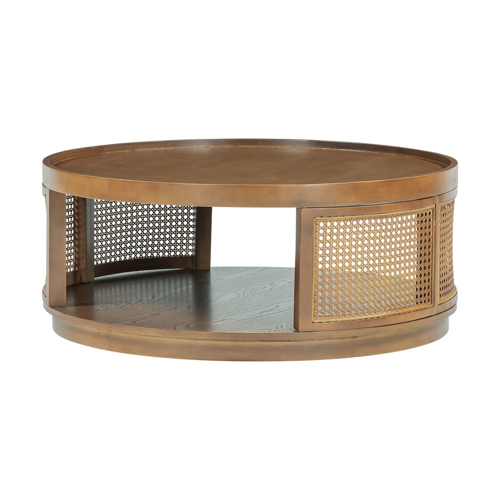37'' Wooden Mid-Century Modern Coffee Table with PE Rattan Side - 37.1'' D x 37.1" W x 15.2" H