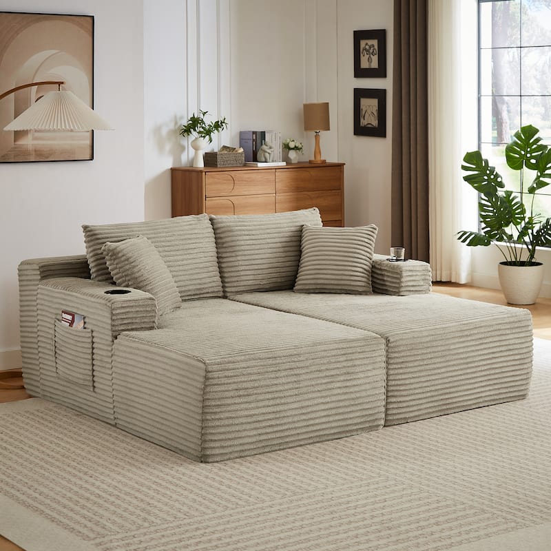 U-Shaped Modular Sectional Sofa Set, Compressible Corduroy Deep-Seat Sofa, Large 6 Seat Sofa with Cup Holders & Ottoman