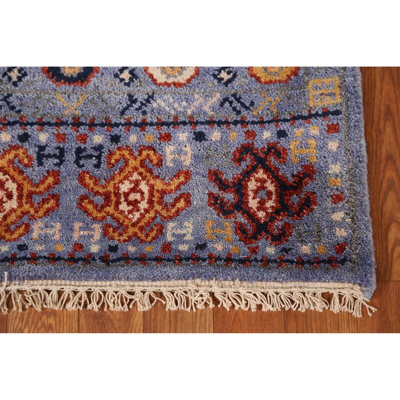 Blue Heriz Serapi Indian Runner Rug Hand-Knotted Geometric Wool Carpet - 2'6" x 9'11"