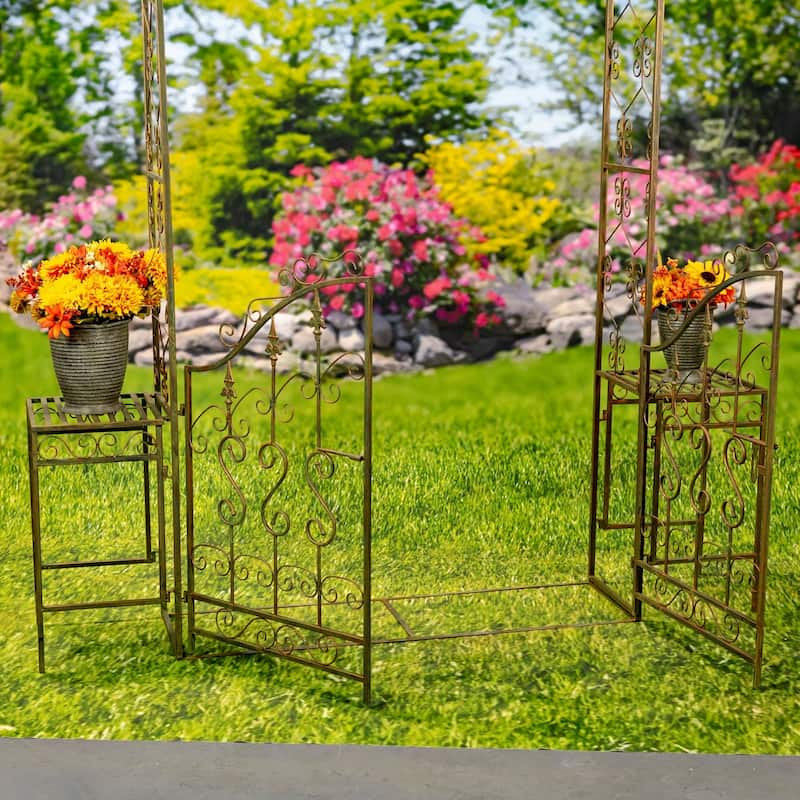96 Inch Tall Iron Garden Gate Arch with Plant Stands