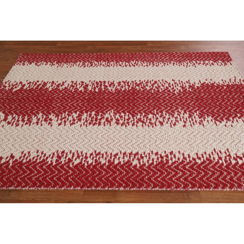 Hand Knotted Oriental 100% Wool Carpet Modern Chevron Red Moroccan Area Rug - 7' 0'' X 5' 1''