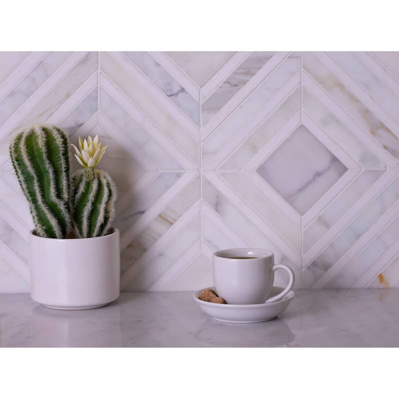 Serena 9x11 White Gray Calacatta Gold, Thassos Mosaic Framed Diamond Wall and Floor Tile (3.53 sq ft/case) - 5 Pack