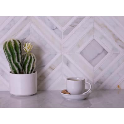 Serena 9x11 White Gray Calacatta Gold, Thassos Mosaic Framed Diamond Wall and Floor Tile (3.53 sq ft/case) - 5 Pack