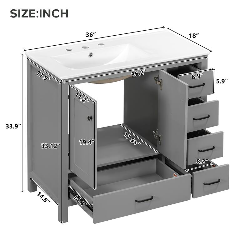 36" Gray Bathroom Vanity with Ceramic Sink Combo, Abundant Storage Cabinet -2 Soft close doors and 5 drawers