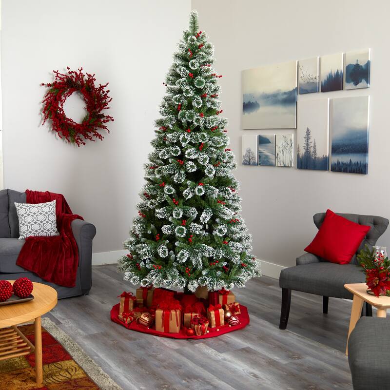 8' Frosted Swiss Pine Artificial Christmas Tree with 550 Clear LED Lights and Berries