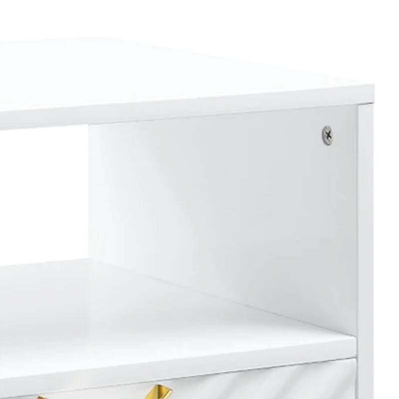 Tyra 22 Inch Wood End Table with Open Space, Wave Pattern, White, Gold