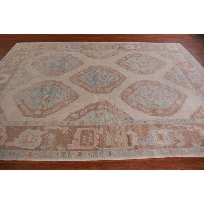 Hand Knotted Oriental 100% Wool Carpet Transitional Geometric Beige & Ivories Oushak Area Rug - 11' 10'' X 8' 6''