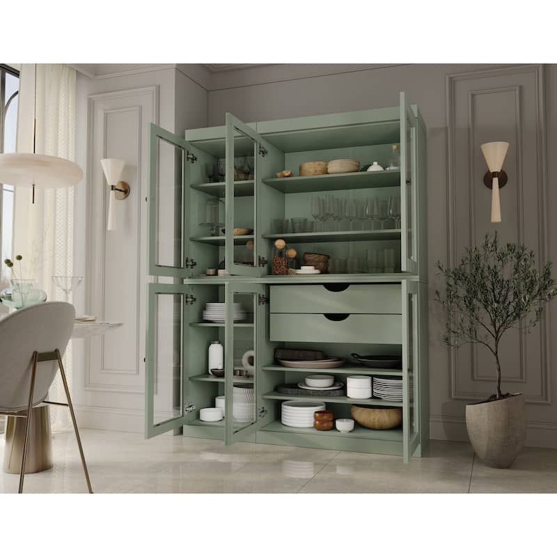 Palace Imports 100% Solid Wood 48.5" Pantry China Cabinet with Clear Glass Doors, 2-Drawers and Adjustable Shelves - Sage