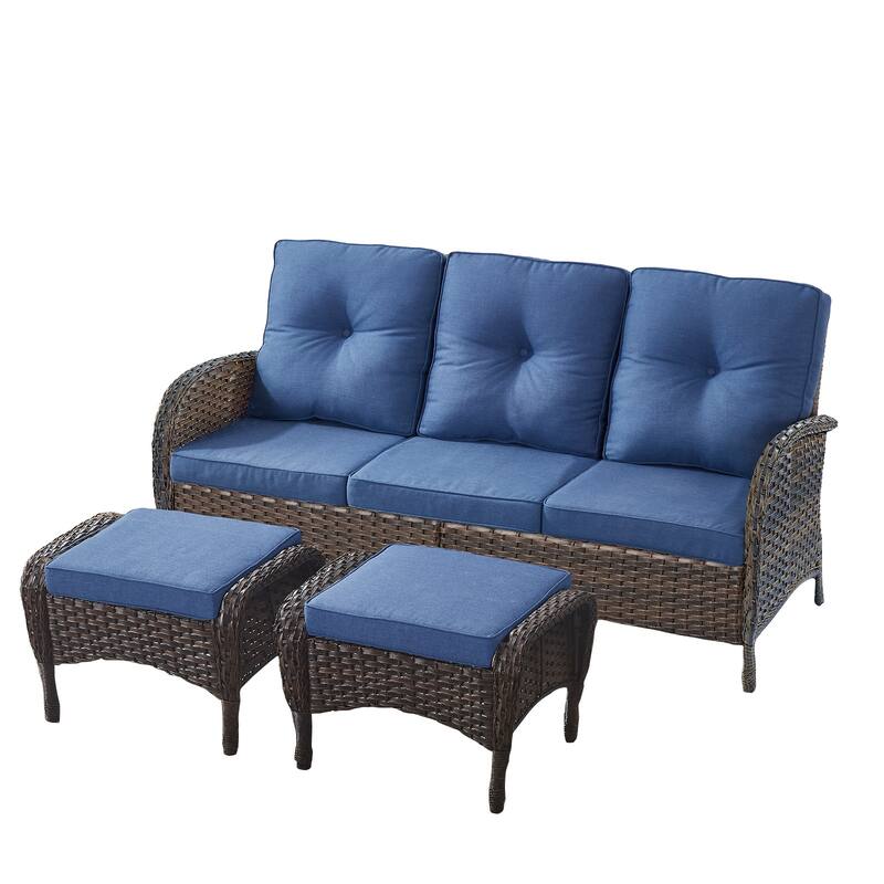 Outdoor Patio 3 Seats Sofa Couch with Ottomans
