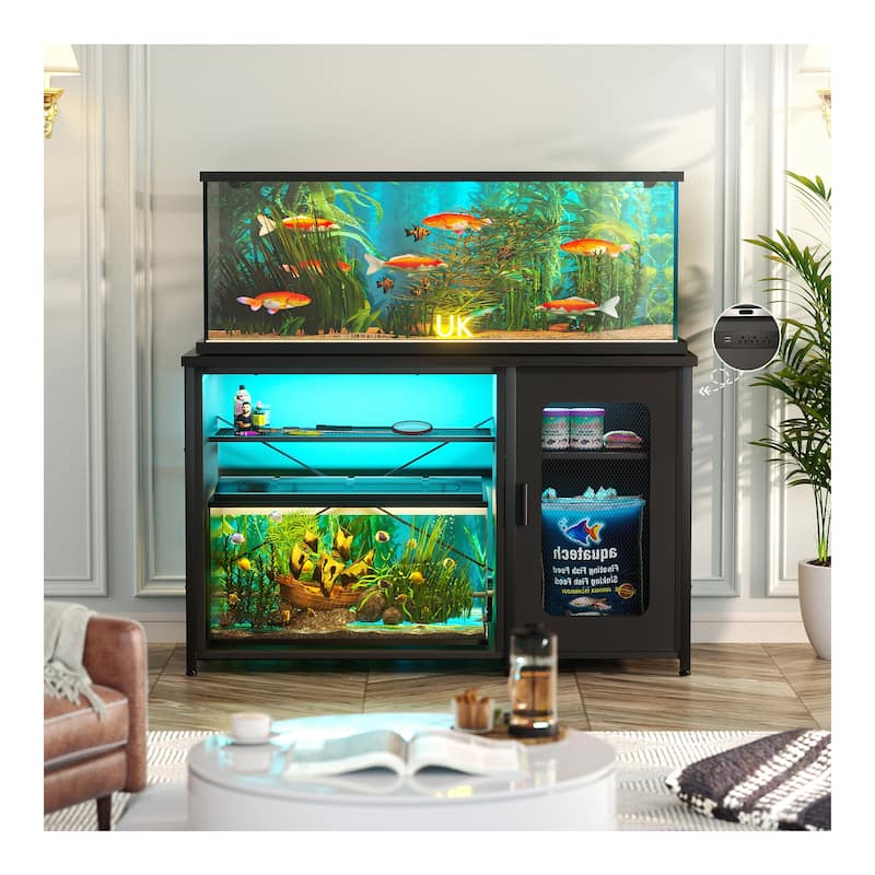 Aquarium Stand with USB Port and LED Light, Fish Tank Stand with Cabinet - Black