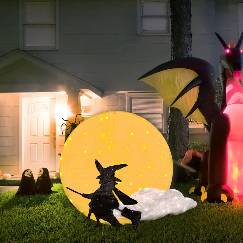 National Tree Company Halloween Garden Stake Lawn Decoration, Black, Moon and Flying Witch, LED Lights, Plug In, 41 Inches