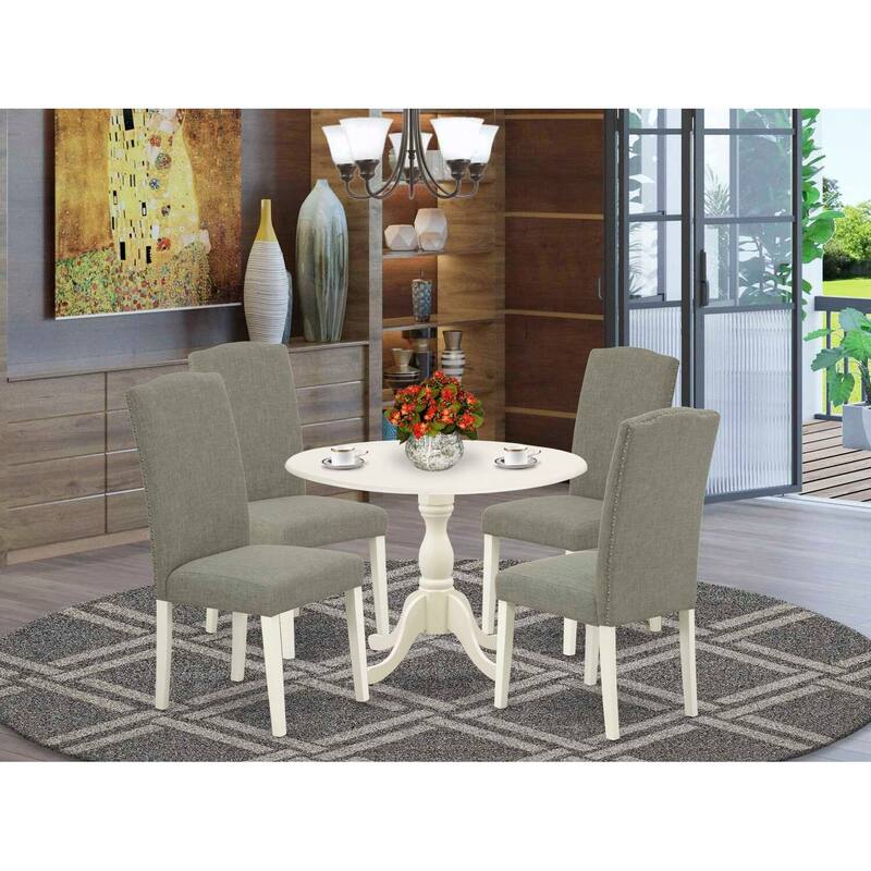 5-Piece Linen White Finish Solid Wood Top Dining Table with 4 Chairs with Drop Leaf