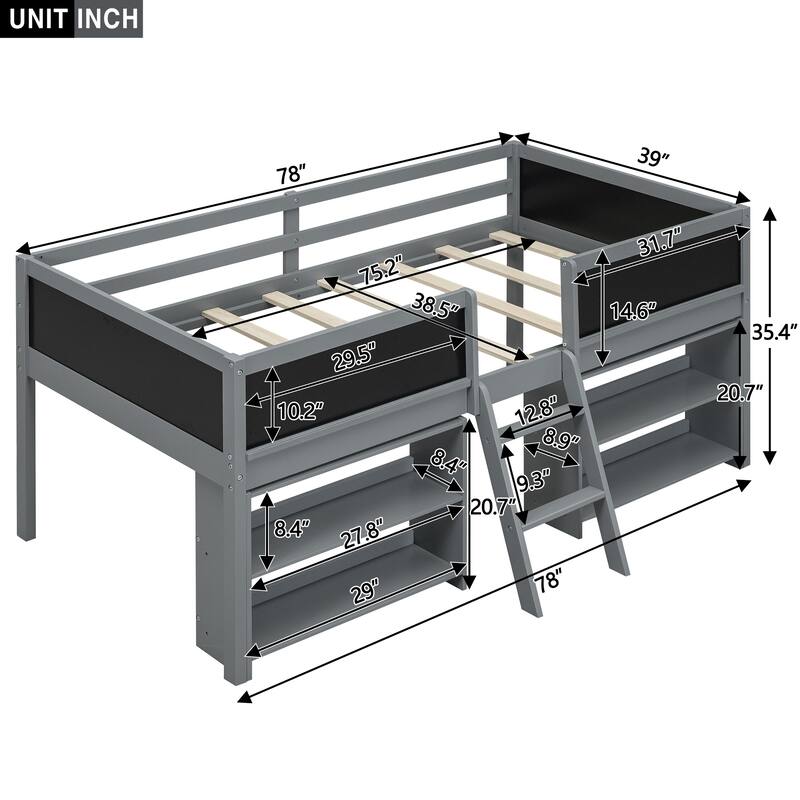 Wooden Loft Bed Frame with 2 Movable Shelves, Twin Size Low Loft Bed, Solid Pine Twin Bed Frame with Chalkboard