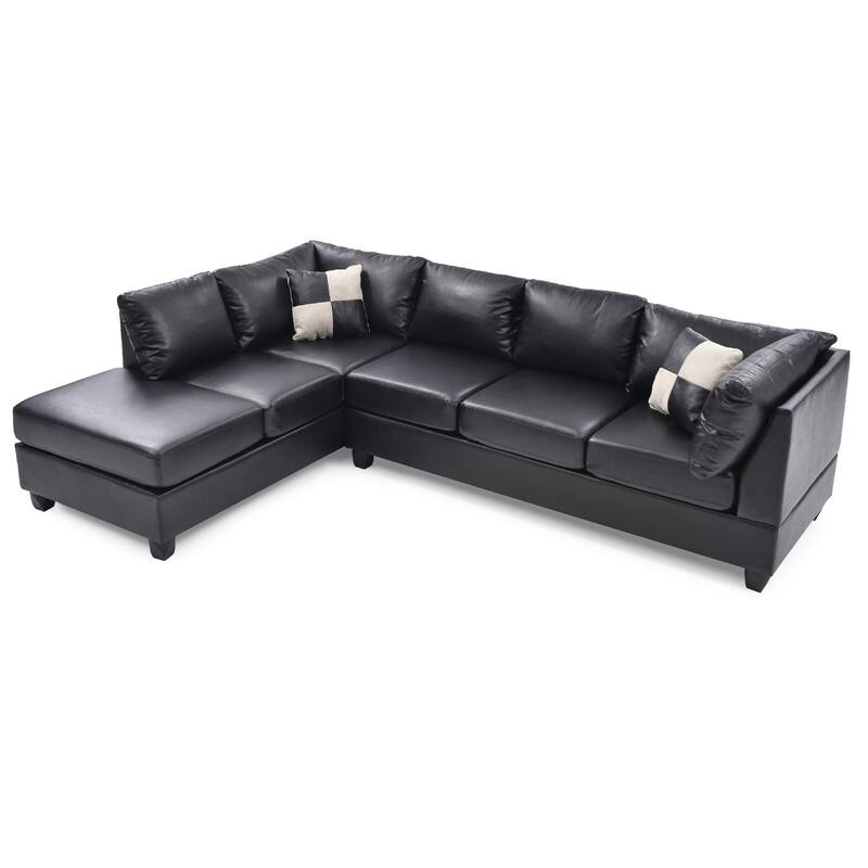 Reversible Faux Leather 4-Seater Sectional Sofa with Throw Pillows - 111" - Black