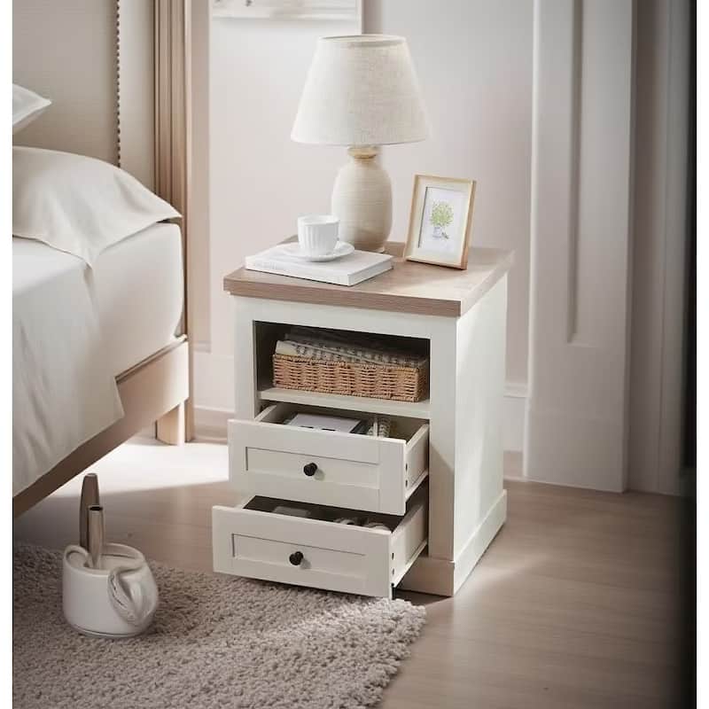 Nightstand with 2 Drawers, Couch Side Table with Wooden Tabletop, Bedroom Coffee Table with Open Storage Shelf