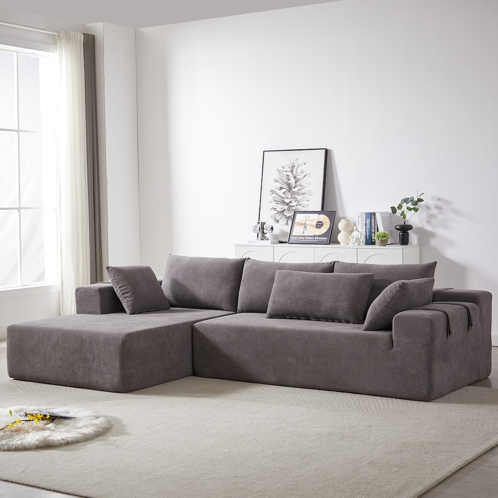 Modern Chenille Upholstered Sectional Sofa Couch Set,Modular L Shaped Sectional Living Room Sofa Set With 6 Pillows(Left Chaise)