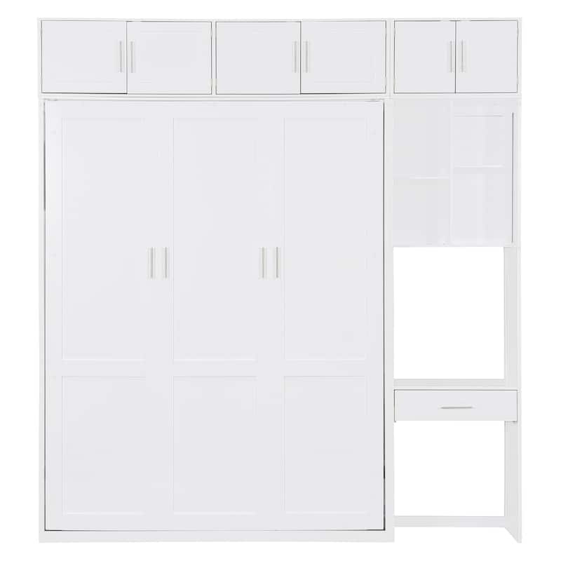 Space-Saving Queen Murphy Bed with Desk, Storage Shelves and Top Cabinets, Foldable Wall Bed in White