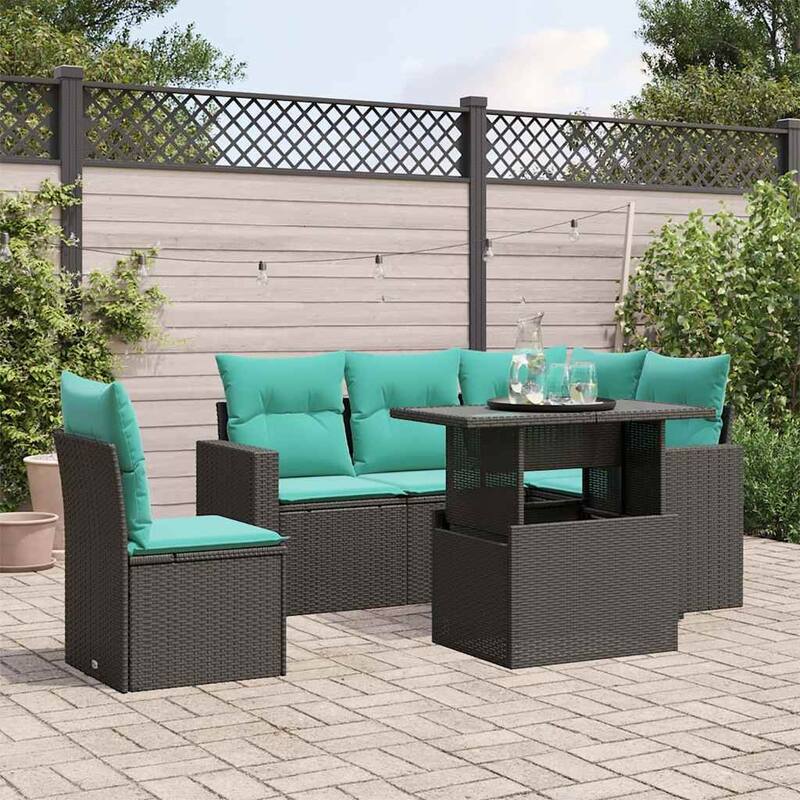 vidaXL Patio Sofa Set with Cushions and Table Outdoor 6 Piece Poly Rattan - 24.4 x 24.4 x 27.2 - Black