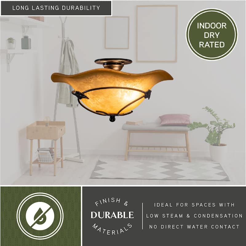 Vine 15-in W Black Rustic Semi Flush Mount Ceiling Light Amber Glass - 15-in W x 7.5-in H x 15-in D
