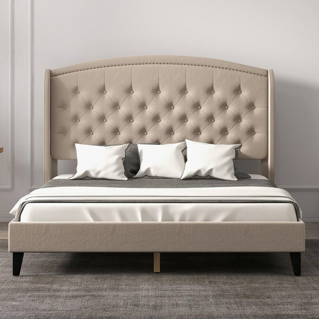 Upholsted Bed Frame with Wingback Headboard, Full Size