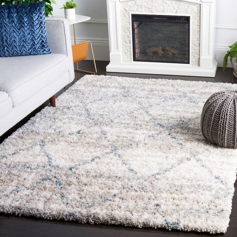 SAFAVIEH Fontana Shag Marye Modern Trellis 2-inch Thick Rug - 3' x 5' - Turquoise/Ivory