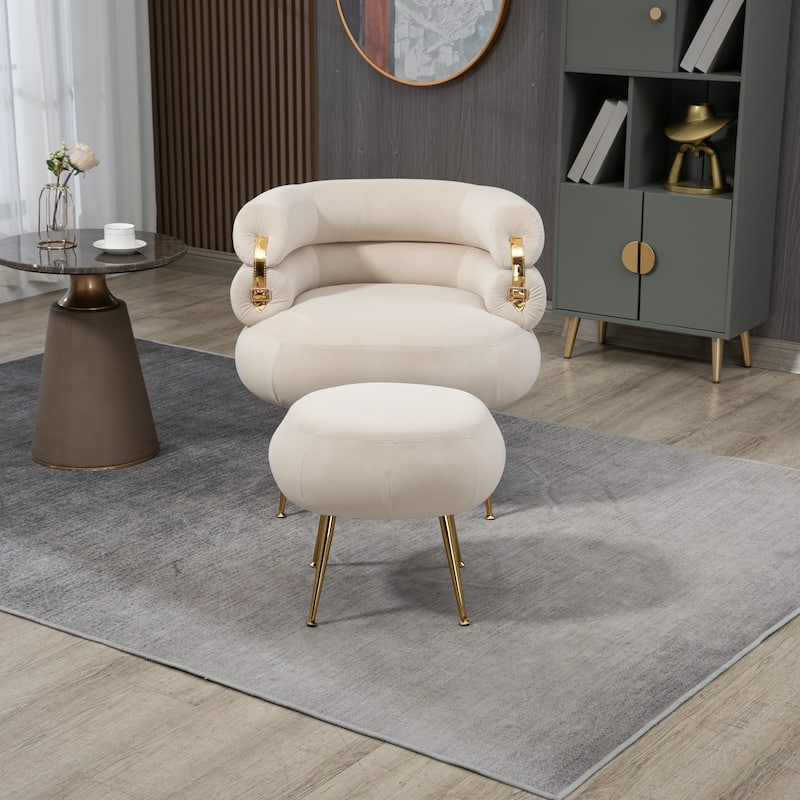 Velvet Upholstered Tubulous Accent Chair With Ottoman - Beige