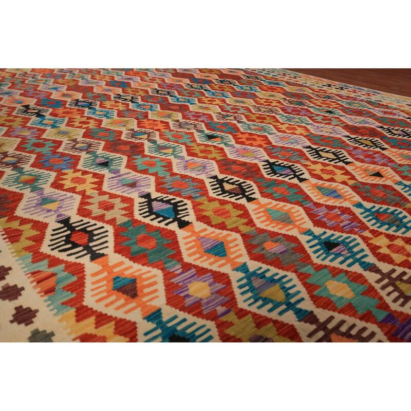 All-Over Geometric Kilim Oriental Large Rug Flatweave Wool Carpet - 10'3" x 16'6"