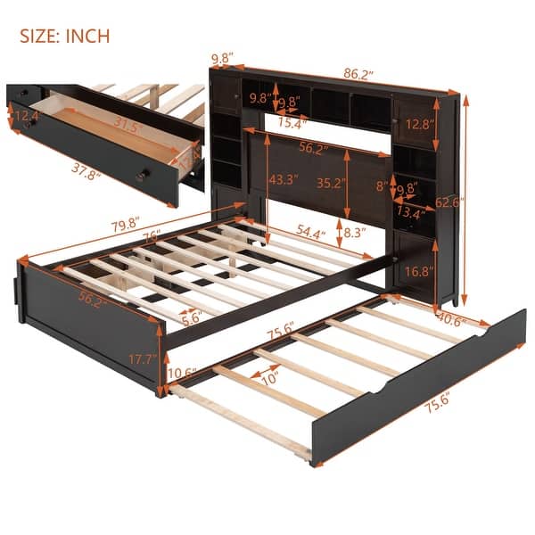 dimension image slide 3 of 6, Modern Platform Bed with Integrated Cabinet, Trundle Bed and Drawers