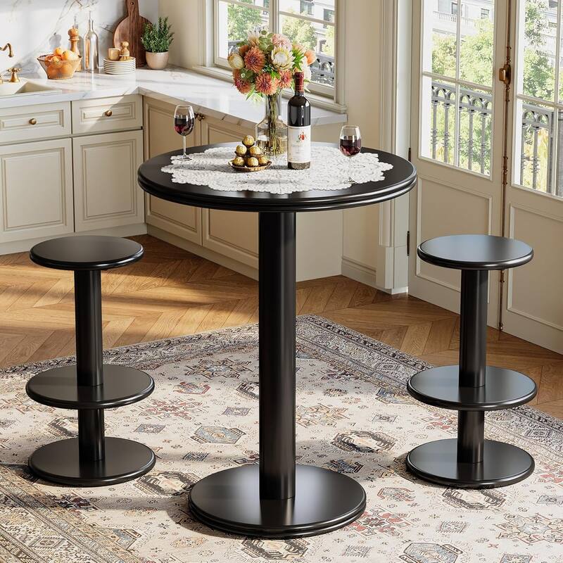 39.4" H Round Bar Table and Chairs Set, Modern Pub Table with 2 Barstools - 29.5" L × 29.5" W × 39.4" H