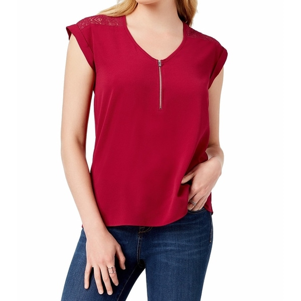 BCX Pink Junior's Size XS Lace Trim Zip Front V-Neck Blouse