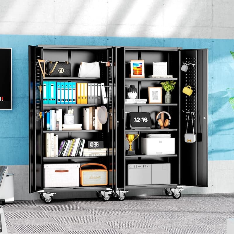 75 inch Metal Garage Storage Rolling Tool Cabinet with Locking Doors and Adjustable Shelves