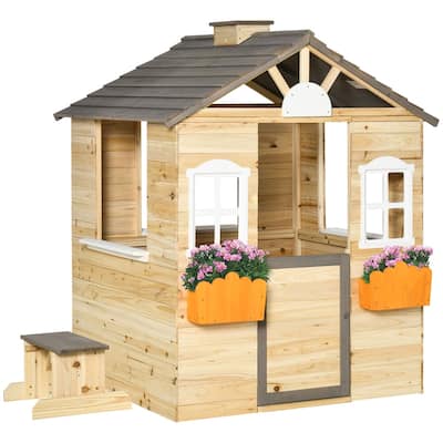 Natural Gray White and Orange Wooden Kids Outdoor Playhouse with Bench Service Station and Flowerpot Holders