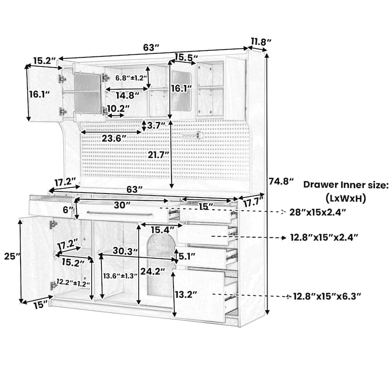 63" Freestanding Buffet Hutch with Power Outlet, 6 Drawers, 5 Cabinets, Adjustable Shelves & Coffee Bar Storage