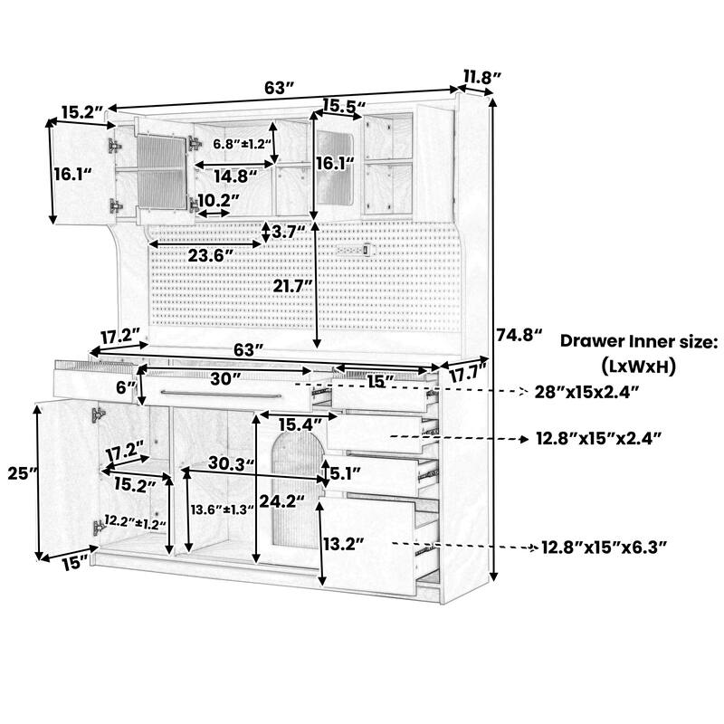 Roomfitters 63 Inch Large Kitchen Buffet with Hutch and Power Outlet, Coffee Bar Cabinet with Pegboard, Blue