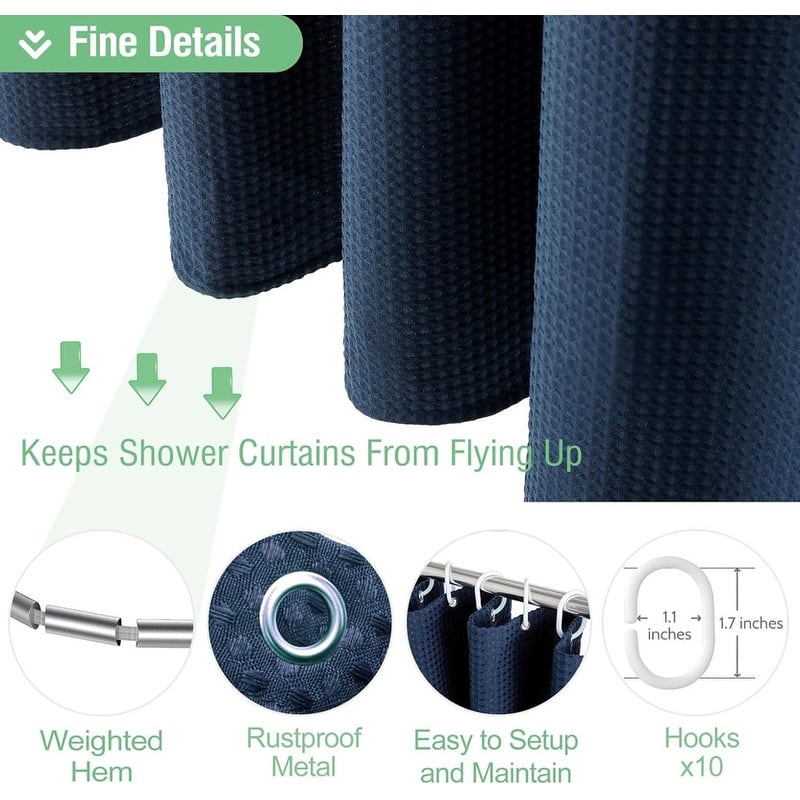 Waffle Textured Heavy Duty Thick Fabric Shower Curtain, Luxury Weighted Polyester Fabric Shower Curtain Set