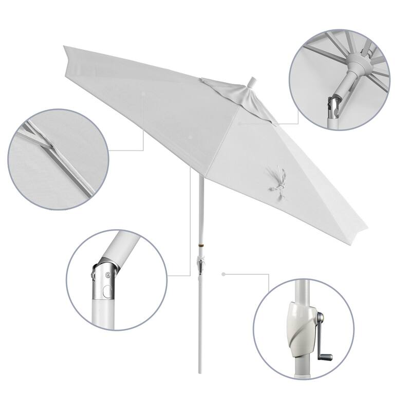 California Umbrella 9' Round Crank Lift Push Button Tilt White Aluminum Patio Umbrella Sunbrella