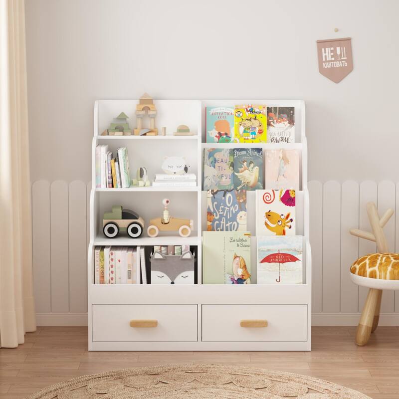 Anmytek Kids Bookshelf with 2 Storage Drawers, Front-Facing Children's Bookcase and Toy Organizer, Multi-Tier Reading Shelf