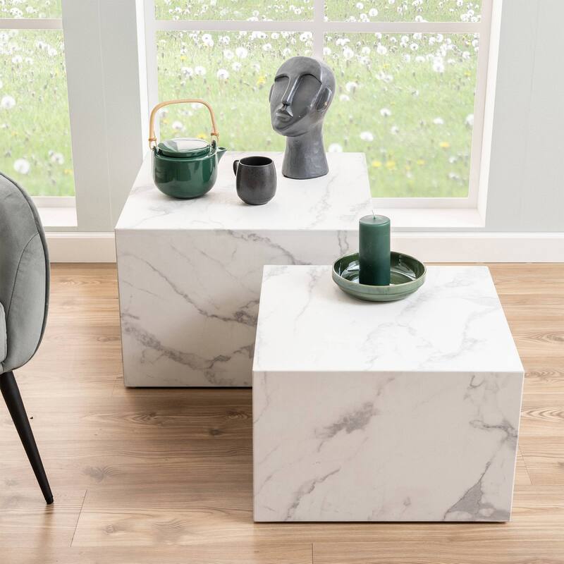 Caffoz Modern Square Faux Marble Nesting Coffee Tables - Set of 2