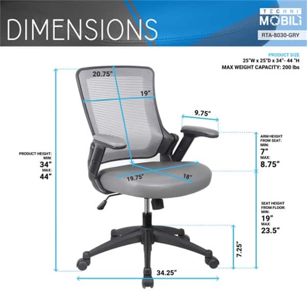 Mid-Back Mesh Task Office Chair with Height Adjustable Arms, Grey - Bed ...