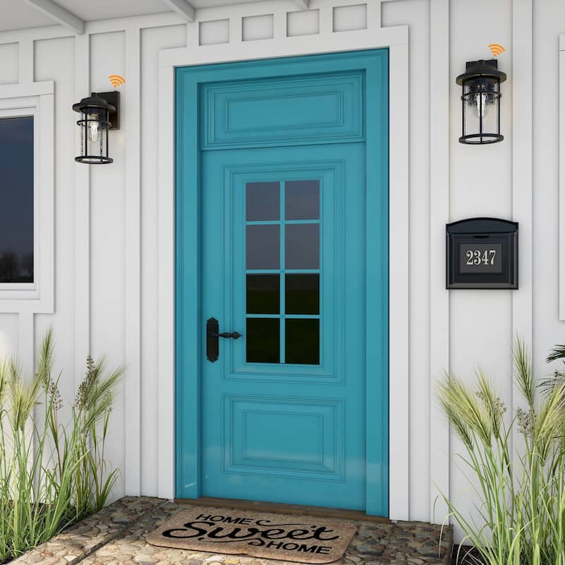 2 Pack 1-Light Black Outdoor Dusk to Dawn Light Cylinder Seeded Glass Shade