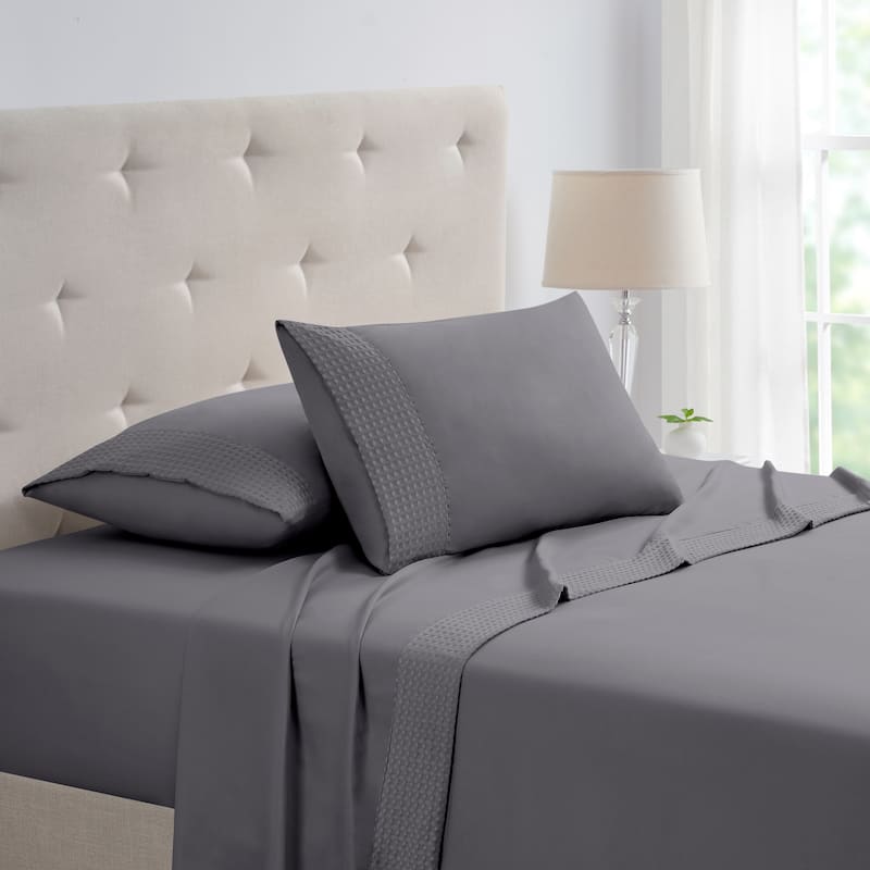 Rayon from Bamboo 4 Piece 1800 Thread Count Waffle Hem Sheet Set - Full - Grey