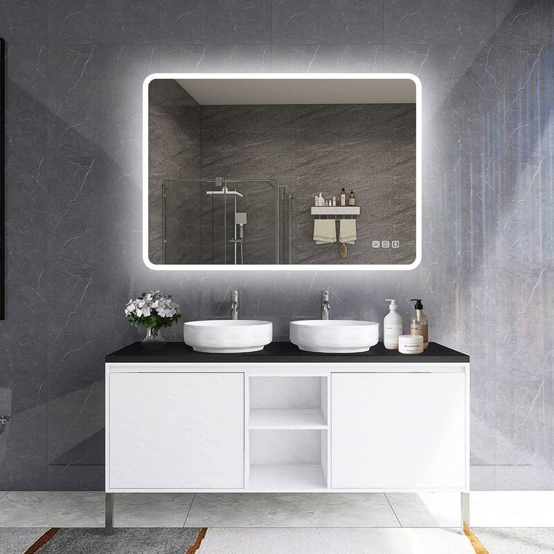 Rectangular Wall-Mounted Dimmable LED Bathroom Vanity Mirror with Defogger and Bluetooth Music Speaker