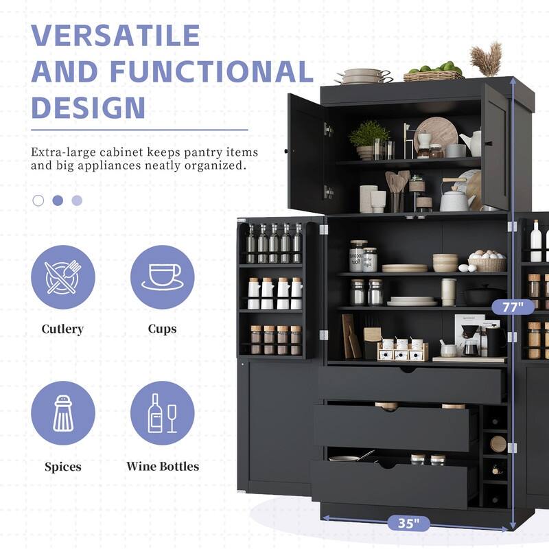 Freestanding 77"Tall Kitchen Pantry with Adjustable Shelves,Door Shelves, Drawers and Wine Racks