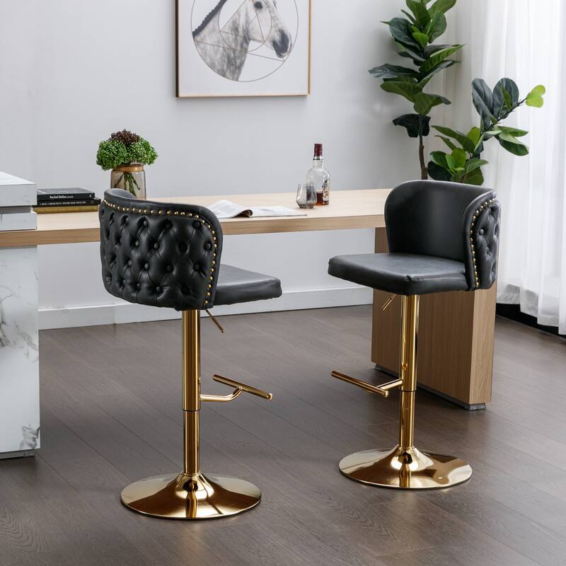 Set of 2 Adjusatble Swivel Bar Stools with PU Leather Tufted Back