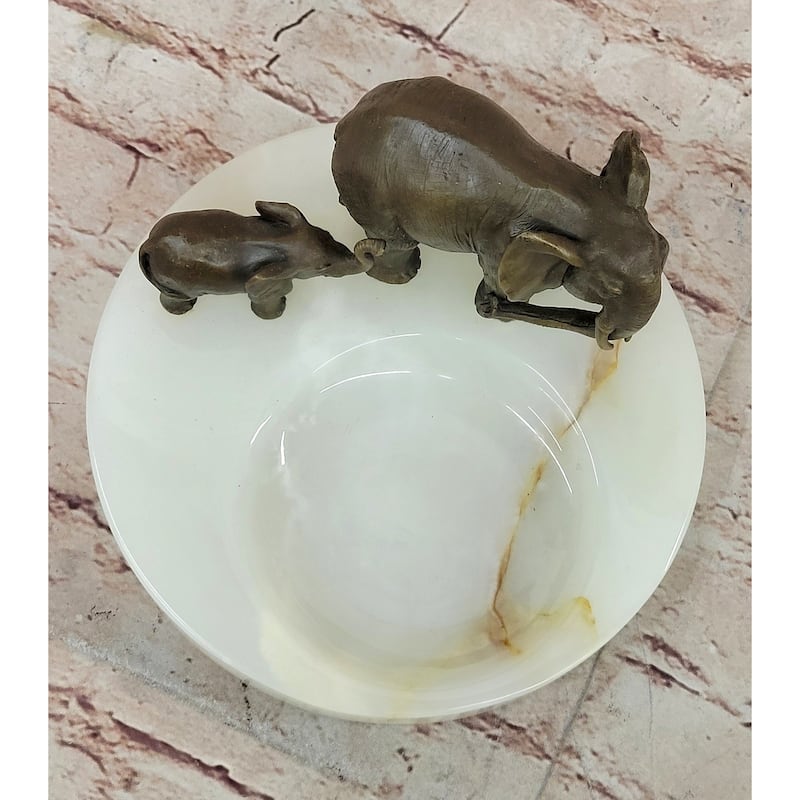 Bronze Metal Imitative Elephant Mother Calf On Marble Soap Dish Ashtray